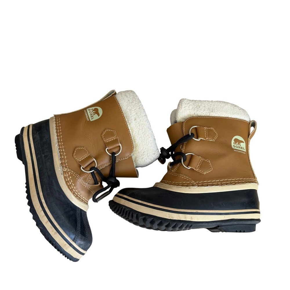 Sorel Yoot Pac Nylon Waterproof Snow Boots Tan Black Kid Sz 13 Winter Excellent